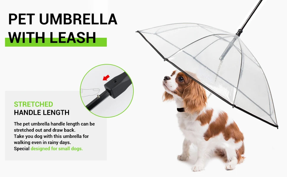 Dog Umbrella with Leash for Small Pets,J-Shape Handle,Clear Umbrella Surface Umbrella for Dogs Fits 20” Back Length dog supplies