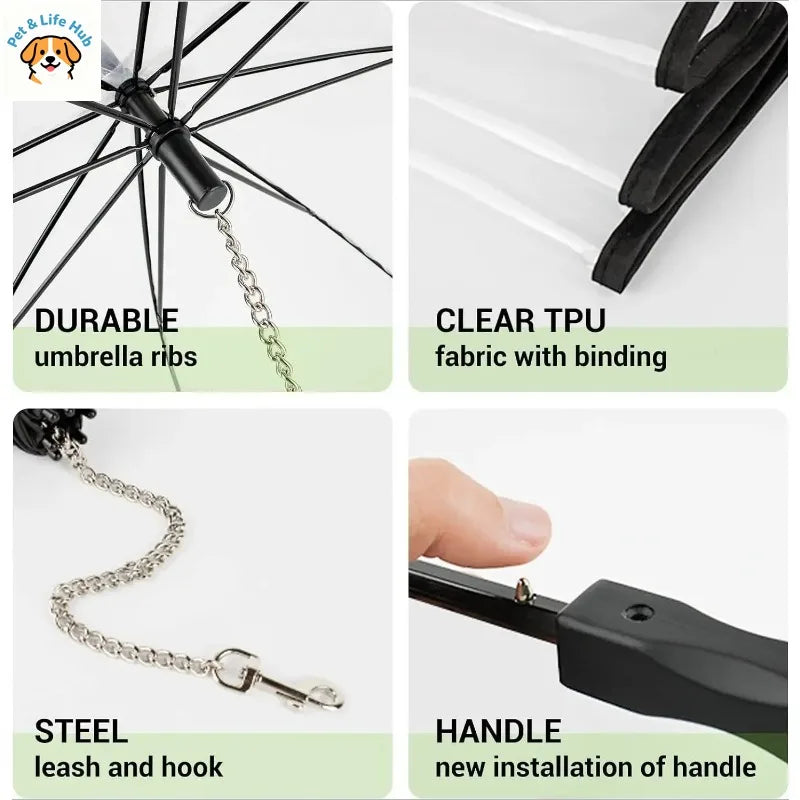 Dog Umbrella with Leash for Small Pets,J-Shape Handle,Clear Umbrella Surface Umbrella for Dogs Fits 20” Back Length dog supplies