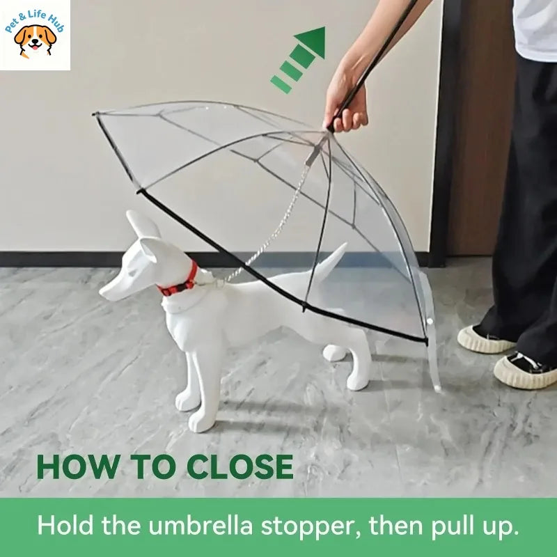 Dog Umbrella with Leash for Small Pets,J-Shape Handle,Clear Umbrella Surface Umbrella for Dogs Fits 20” Back Length dog supplies